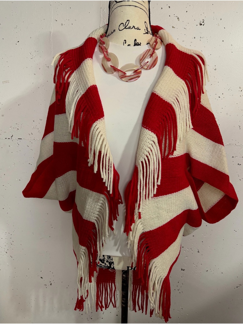 Red Stripe Fringe Poncho